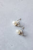 An angled view of a soft silver halo stud with a 6-7 mm white button pearl attached to the top of the earring.